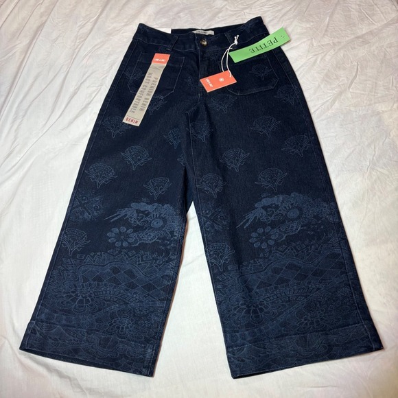 Lark & Grey Denim - Lark & Grey Petite Wide Leg Jeans Dark Wash Dragon Floral Imprint Size 6P New